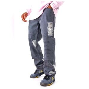 BOOHOO-MAN RELAXED RIGID LASER TEXT GREY DISTRESSED JEANS SIZE 34X40